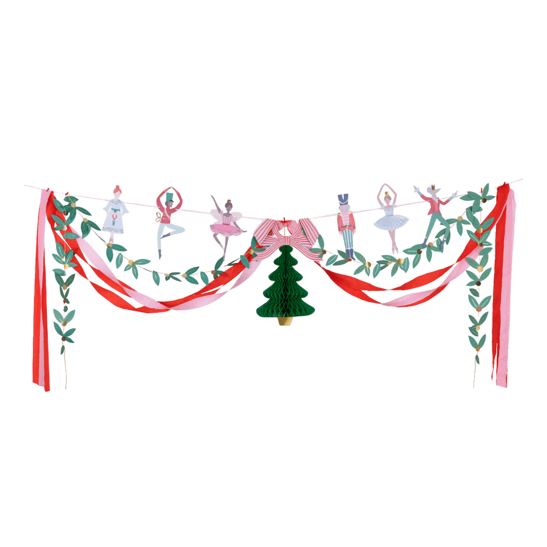 Red and green Nutcracker garland with ballerinas and Christmas tree decor from Parte Haus party supply store in Bethesda MD