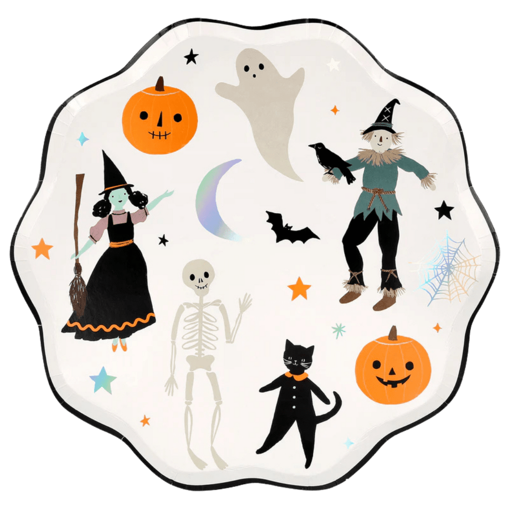 White Halloween paper plate with witch ghost skeleton pumpkins black cat from Parte Haus party supply store in Bethesda, Maryland