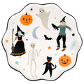 White Halloween paper plate with witch ghost skeleton pumpkins black cat from Parte Haus party supply store in Bethesda, Maryland