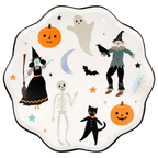 White Halloween paper plate with witch ghost skeleton pumpkins black cat from Parte Haus party supply store in Bethesda, Maryland