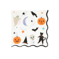 White Halloween napkin with pumpkins ghosts bats stars and a black cat from Parte Haus party supply store in Bethesda MD