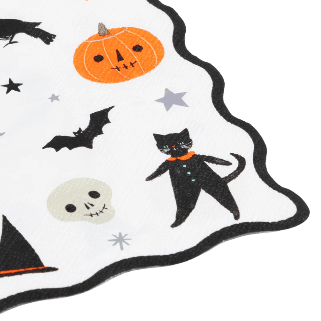 White Halloween napkin with black cat pumpkin skull and bat illustrations from Parte Haus party supply store in Bethesda MD