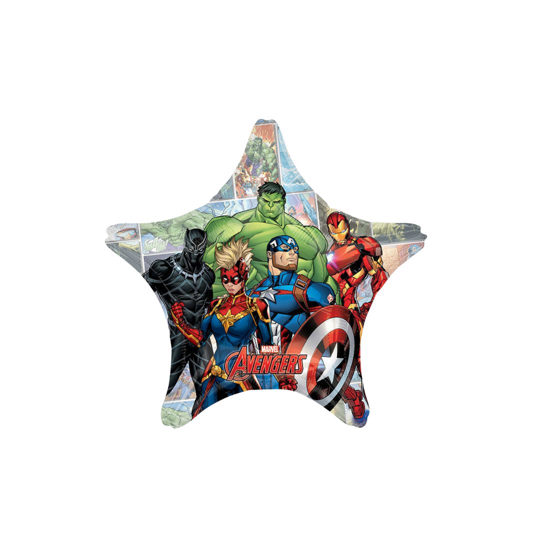 colorful Avengers star foil balloon featuring superheroes for birthday from Parte Haus party supply store in Bethesda MD