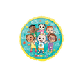 Yellow blue Cocomelon foil balloon with smiling cartoon kids birthday from Parte Haus party supply store in Bethesda MD