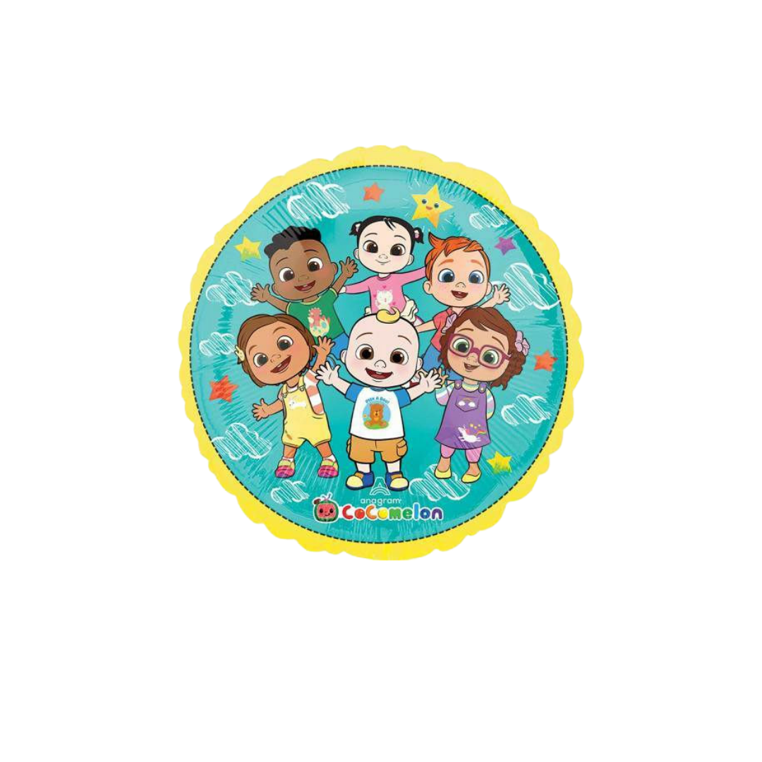 Yellow blue Cocomelon foil balloon with smiling cartoon kids birthday from Parte Haus party supply store in Bethesda MD