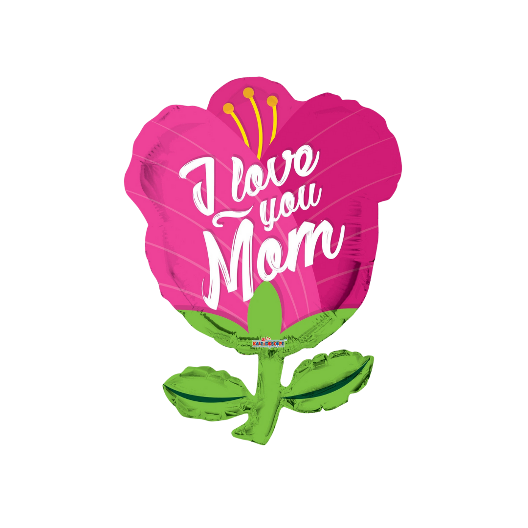 Pink tulip shape I love you Mom foil balloon for Mother's Day from Parte Haus party supply store in Bethesda MD
