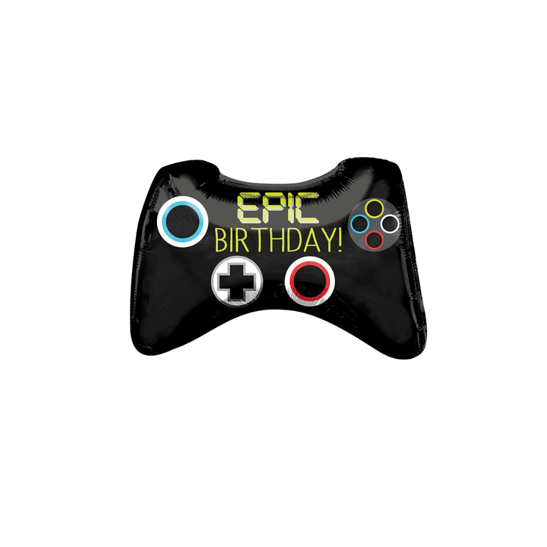 Black jumbo game controller foil balloon with EPIC BIRTHDAY text gaming birthday theme from Parte Haus party supply store in Bethesda Maryland