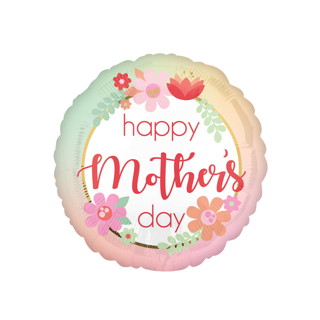Ombre foil balloon with colorful flowers Happy Mother's Day theme from Parte Haus party supply store in Bethesda Maryland