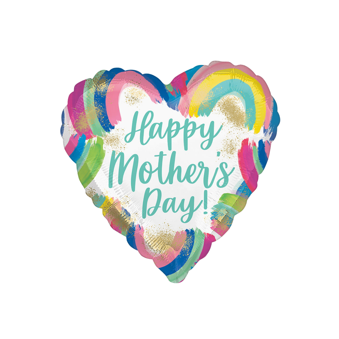 Rainbow heart foil balloon with Happy Mothers Day text for Mother’s Day from Parte Haus party supply store in Bethesda MD