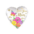 White heart shaped satin floral foil balloon with colorful flowers and butterfly for Mother’s Day from Parte Haus party supply store in Bethesda MD