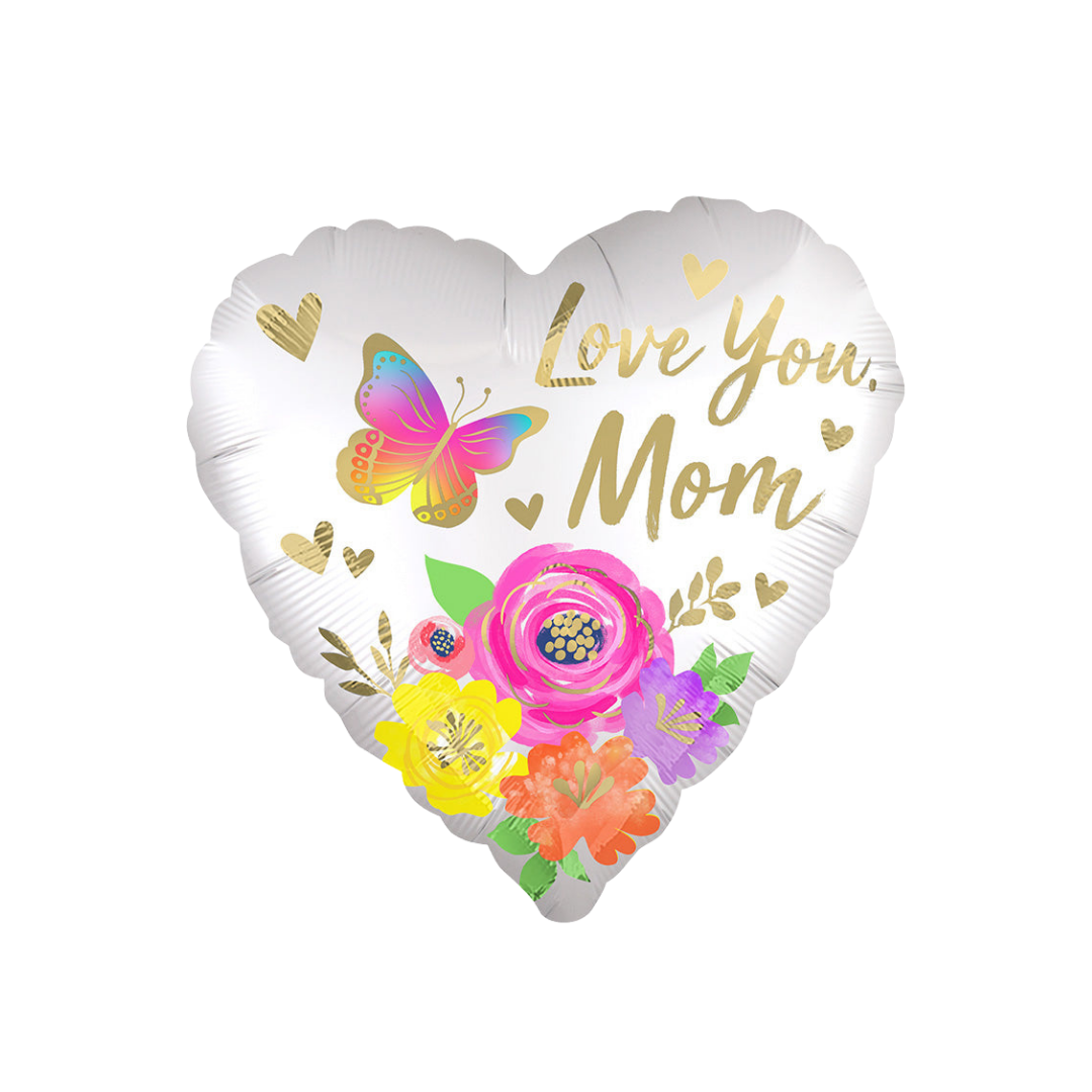 White heart shaped satin floral foil balloon with colorful flowers and butterfly for Mother’s Day from Parte Haus party supply store in Bethesda MD