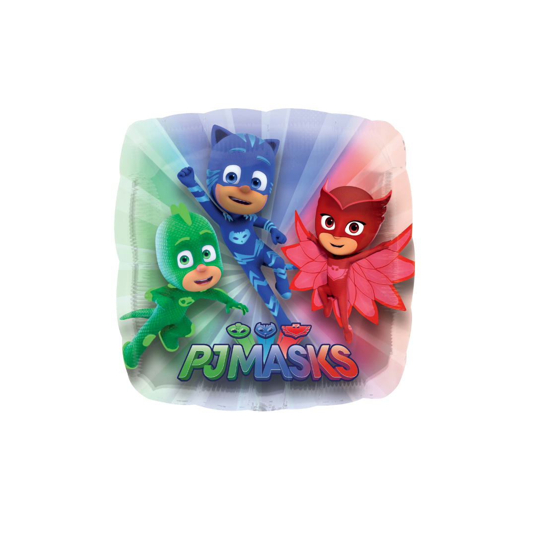 Colorful PJ Masks jumbo balloon with cartoon superheroes kids birthday theme from Parte Haus party supply store in Bethesda MD
