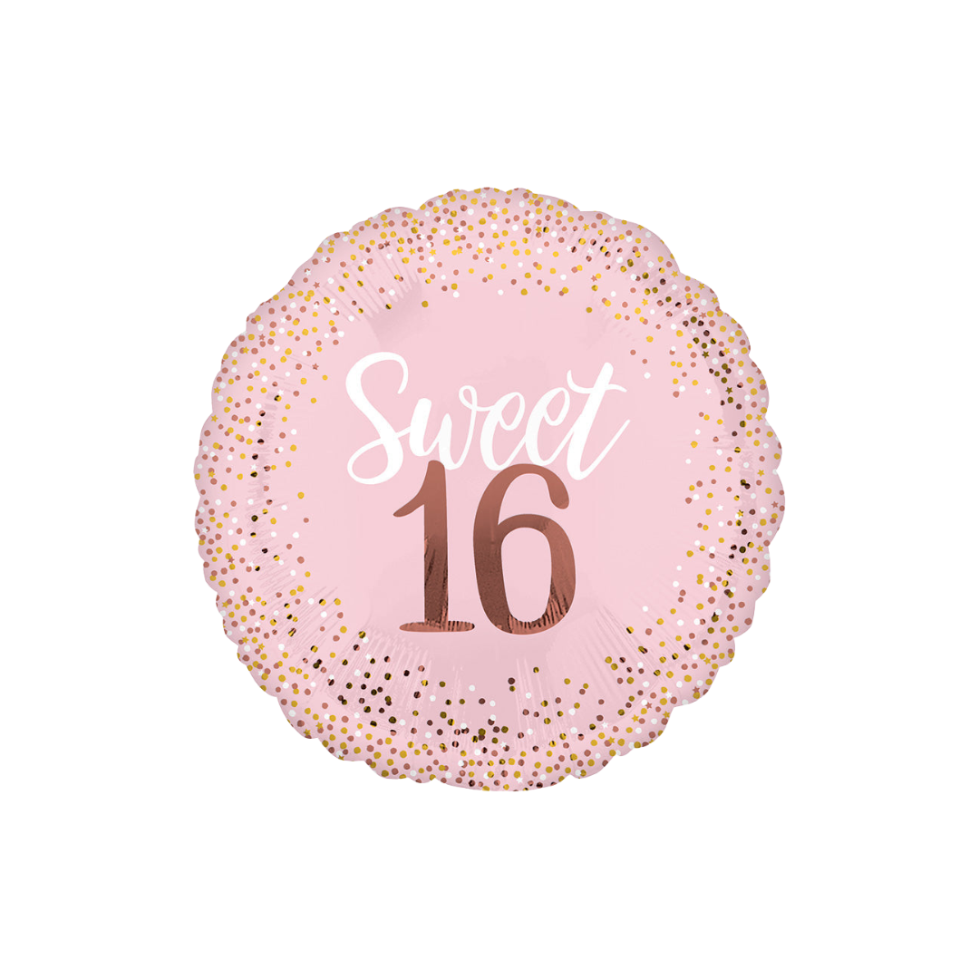 Blush foil balloon with gold confetti detail for sweet sixteen from Parte Haus party supply store in Bethesda MD