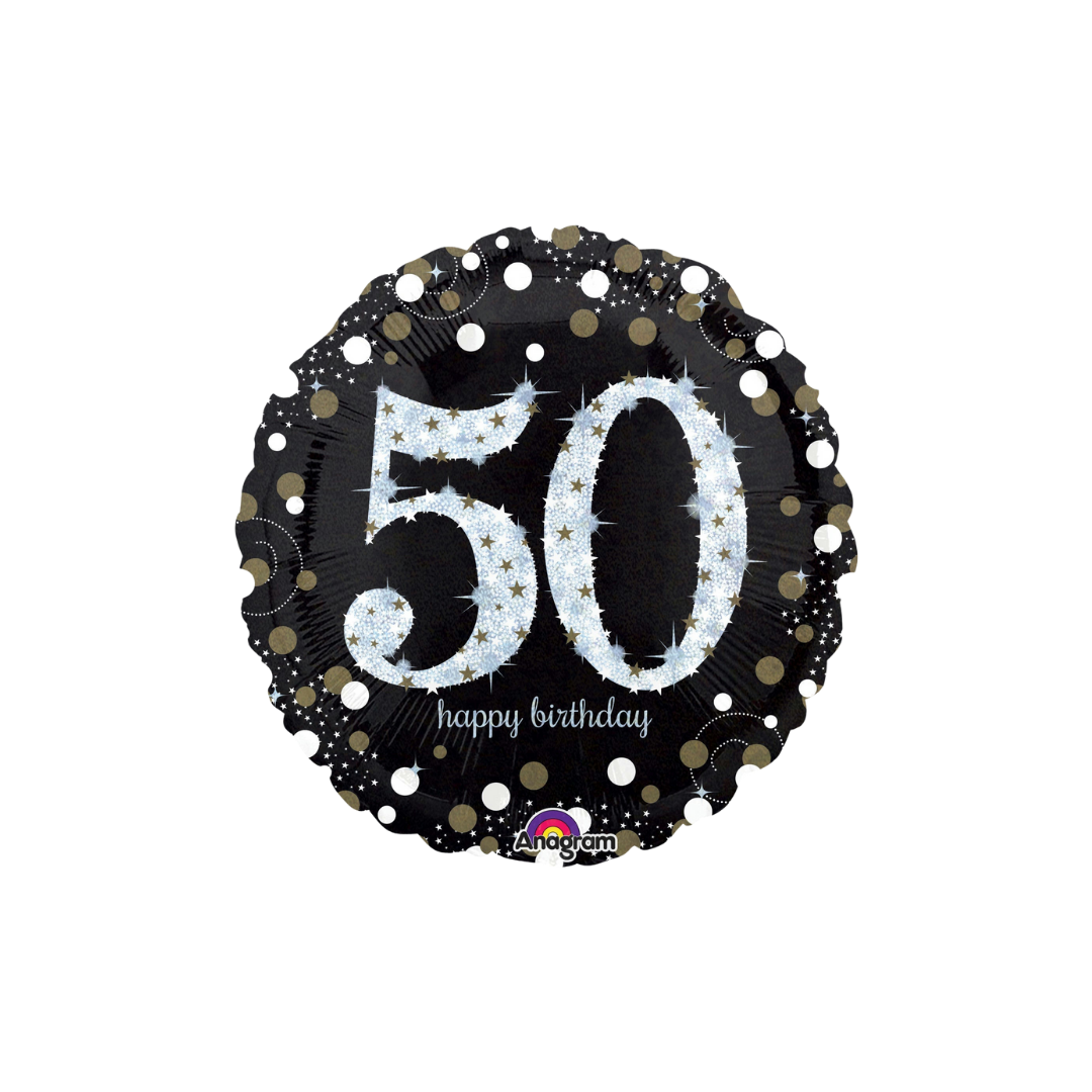 Black and gold jumbo balloon with silver 50 and happy birthday theme from Parte Haus party supply store in Bethesda MD