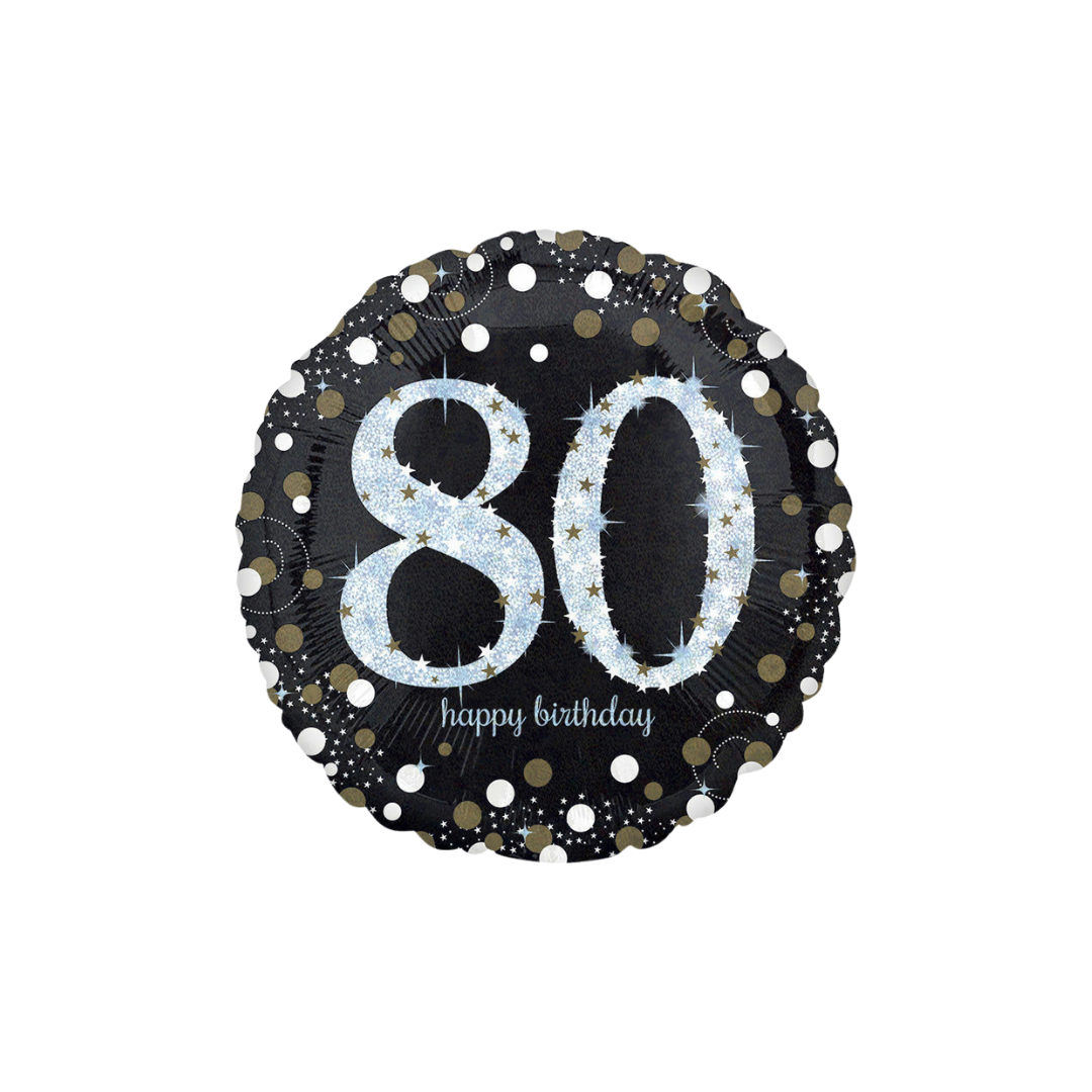 Black and gold jumbo 80 foil balloon with stars for 80th birthday from Parte Haus party supply store in Bethesda MD