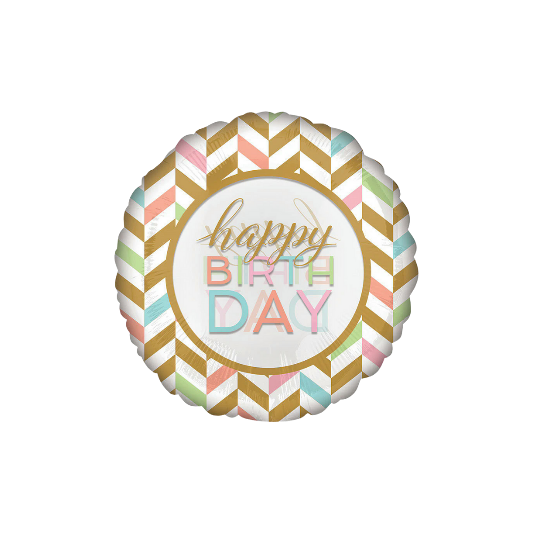 pastel celebration jumbo foil balloon with gold chevron happy birthday from Parte Haus party supply store in Bethesda MD