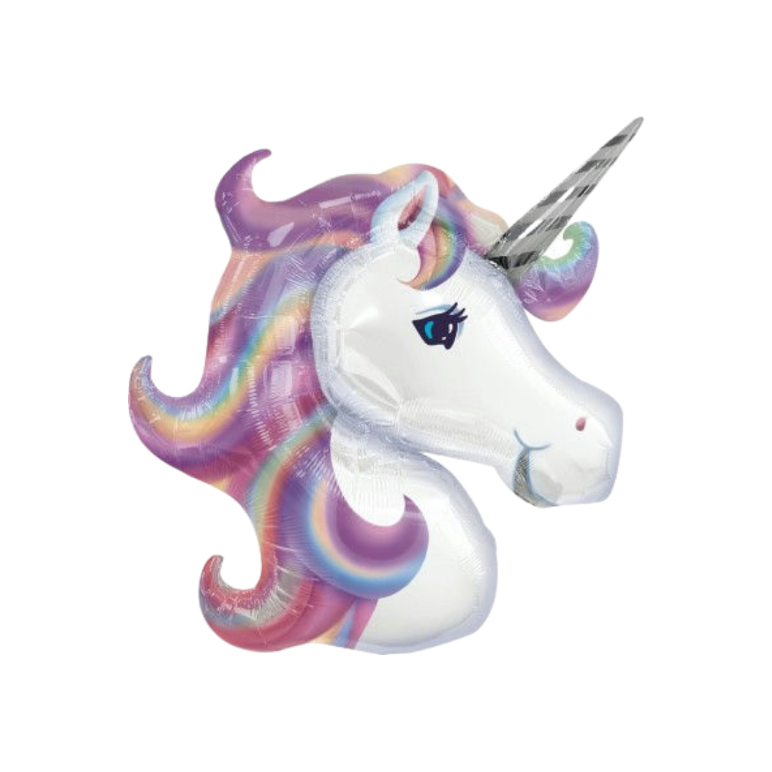 Rainbow unicorn balloon with shiny pastel mane for birthday celebration from Parte Haus party supply store in Bethesda Maryland