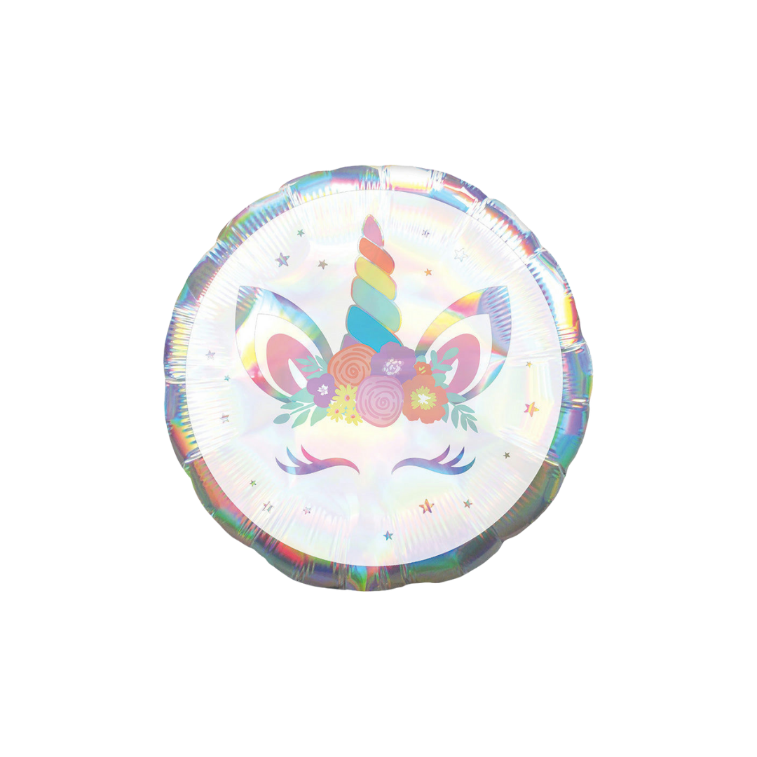 iridescent holographic unicorn foil balloon with rainbow horn birthday theme from Parte Haus party supply store in Bethesda MD