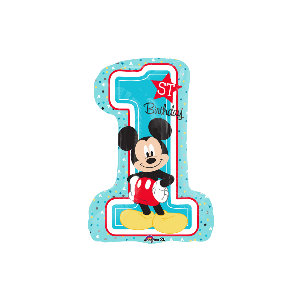 Blue number one balloon with cartoon mouse for first birthday from Parte Haus party supply store in Bethesda MD