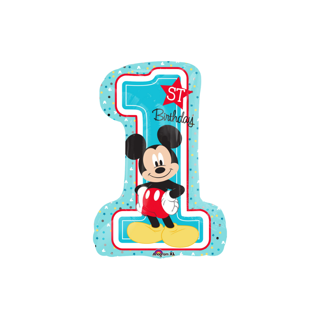 Blue number one balloon with cartoon mouse for first birthday from Parte Haus party supply store in Bethesda MD