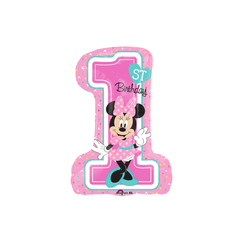 Pink Minnie Mouse first birthday balloon with large number one theme from Parte Haus party supply store in Bethesda MD