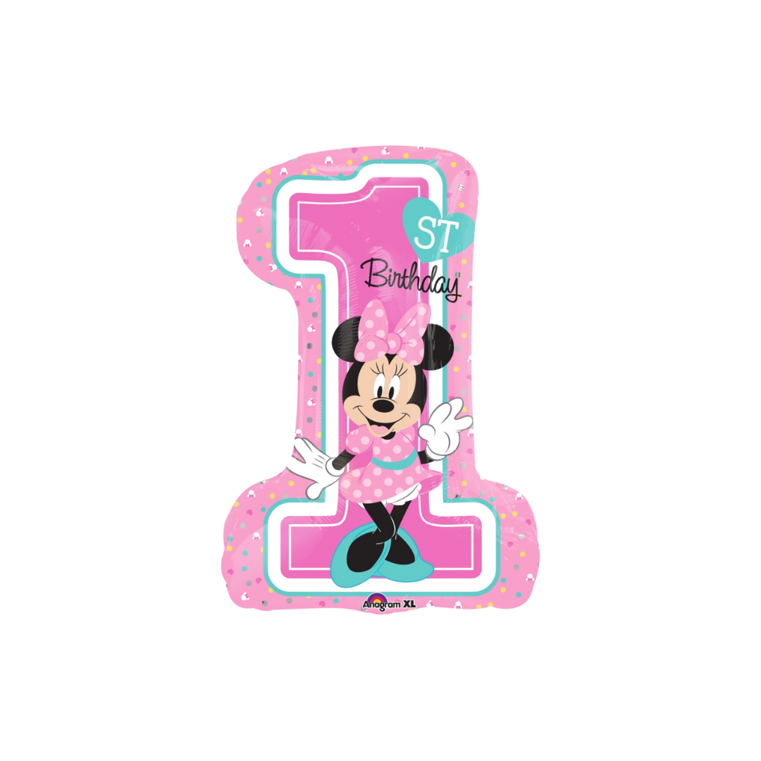 Pink Minnie Mouse first birthday balloon with large number one theme from Parte Haus party supply store in Bethesda MD