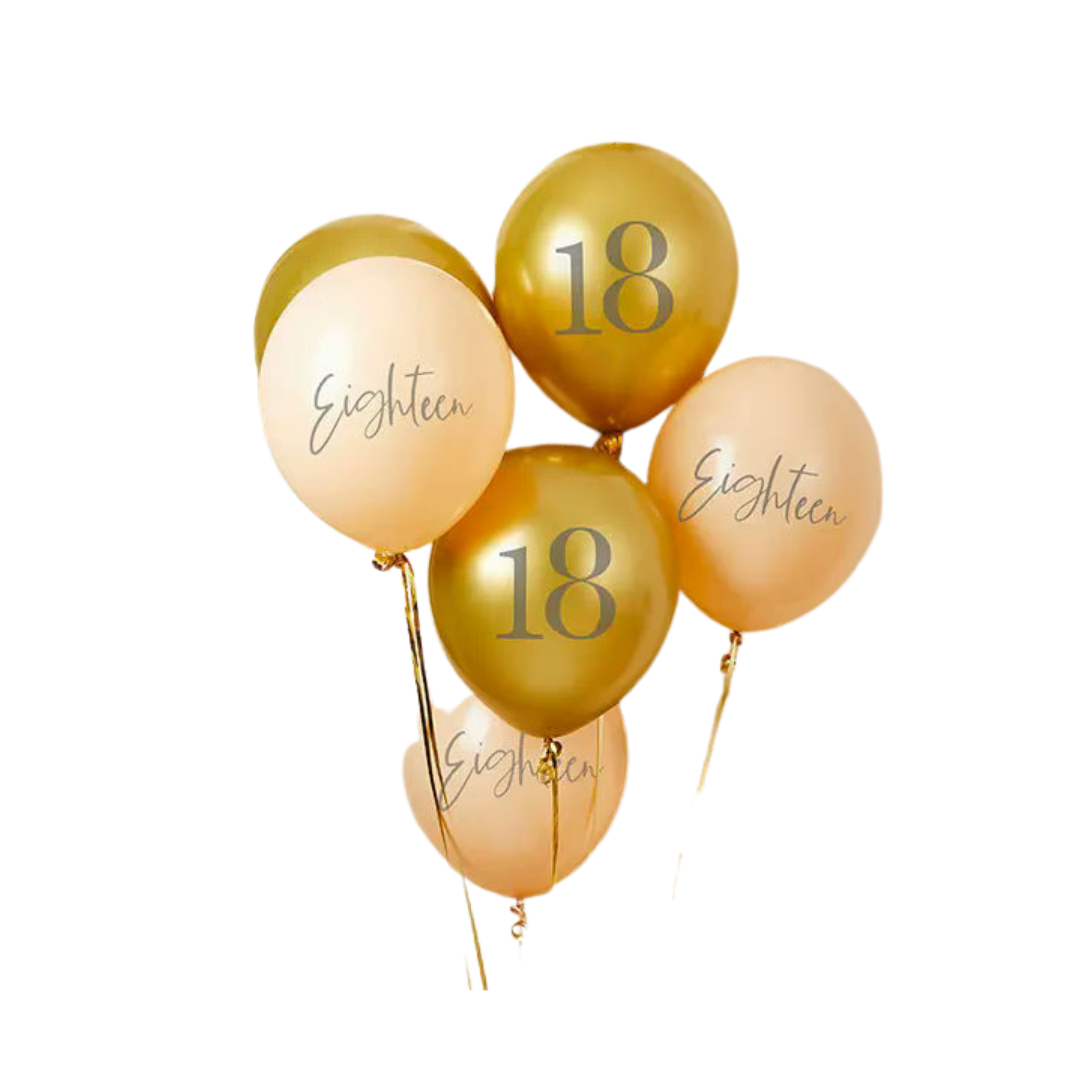 Gold and peach balloon bouquet with eighteen design birthday theme from Parte Haus party supply store in Bethesda Maryland