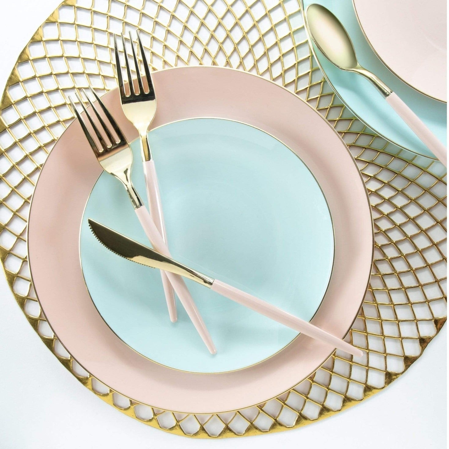 Pink and blue dinnerware set with gold flatware elegant table setting from Parte Haus party supply store in Bethesda MD