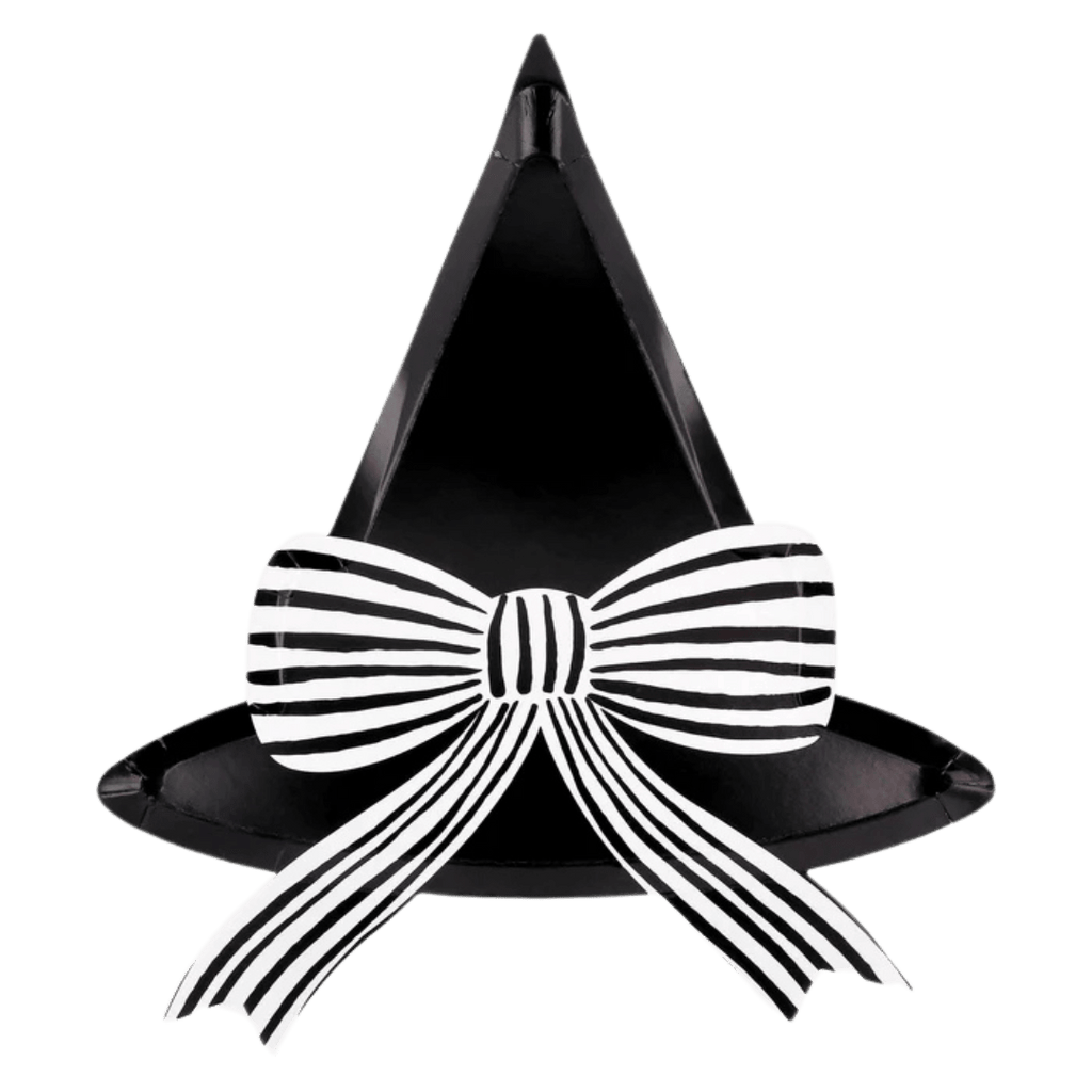 Black witch hat shaped plate with white striped bow Halloween theme from Parte Haus party supply store in Bethesda MD.