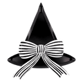 Black witch hat shaped plate with white striped bow Halloween theme from Parte Haus party supply store in Bethesda MD.