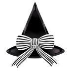 Black witch hat shaped plate with white striped bow Halloween theme from Parte Haus party supply store in Bethesda MD.