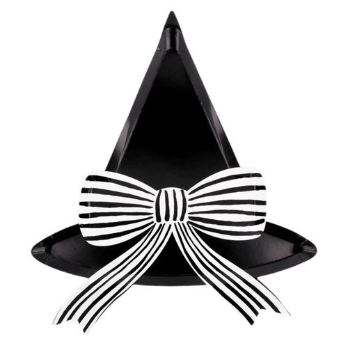 Black witch hat shaped plate with white striped bow Halloween theme from Parte Haus party supply store in Bethesda MD.