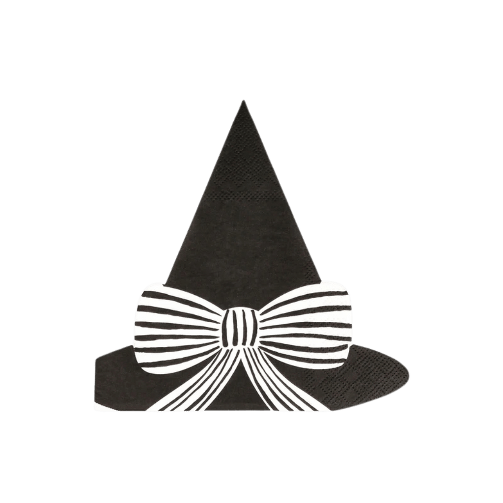 Black witch hat napkin with white striped bow Halloween from Parte Haus party supply store in Bethesda MD.