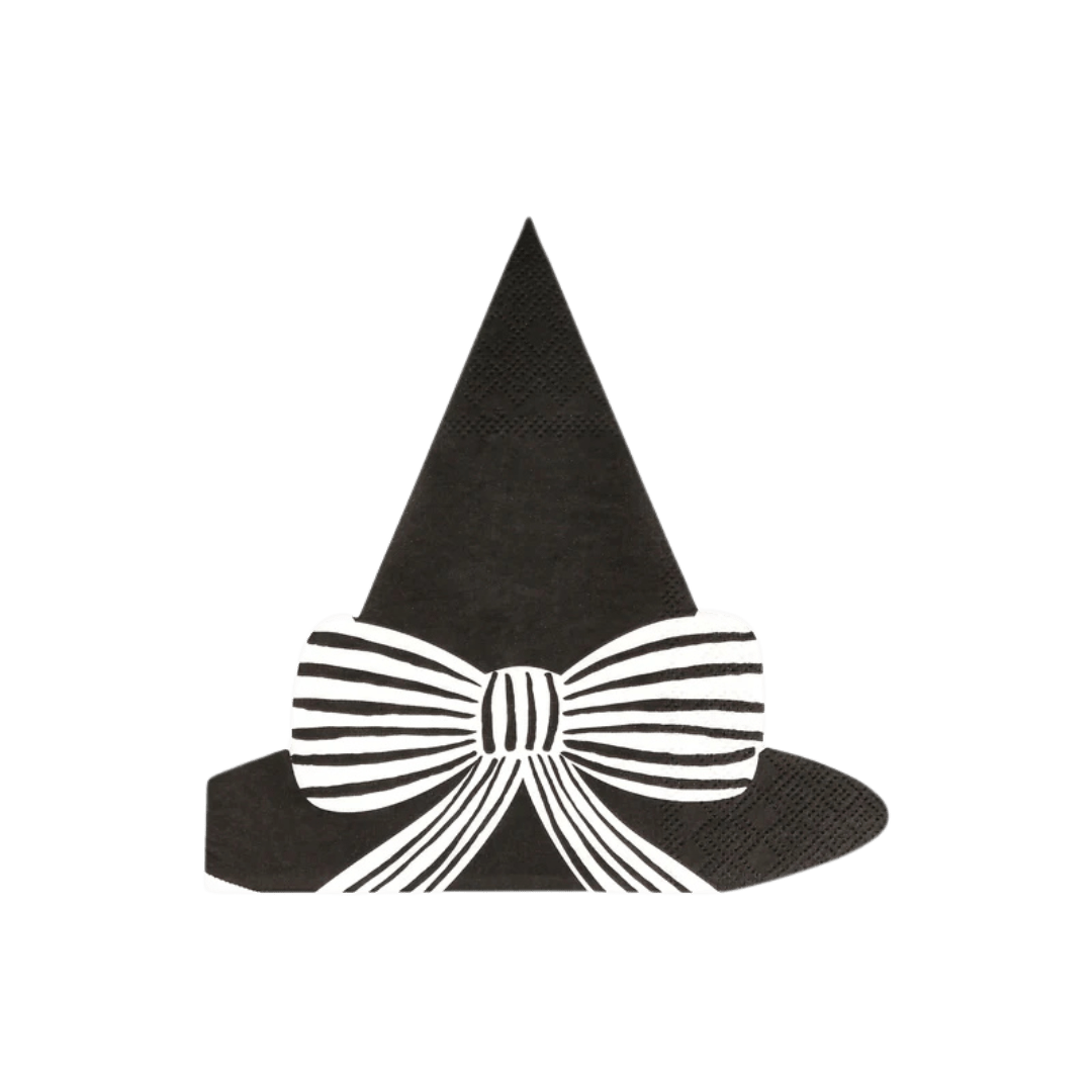 Black witch hat napkin with white striped bow Halloween from Parte Haus party supply store in Bethesda MD.