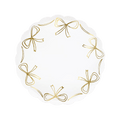 White scalloped plate with gold bows elegant tableware for birthday from Parte Haus party supply store in Bethesda MD.