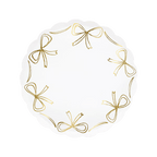 White scalloped plate with gold bows elegant tableware for birthday from Parte Haus party supply store in Bethesda MD.