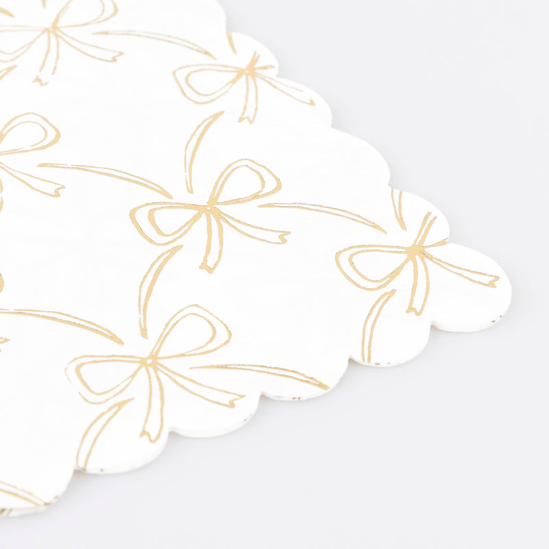White and gold bow scalloped edge napkin elegant celebration from Parte Haus party supply store in Bethesda MD
