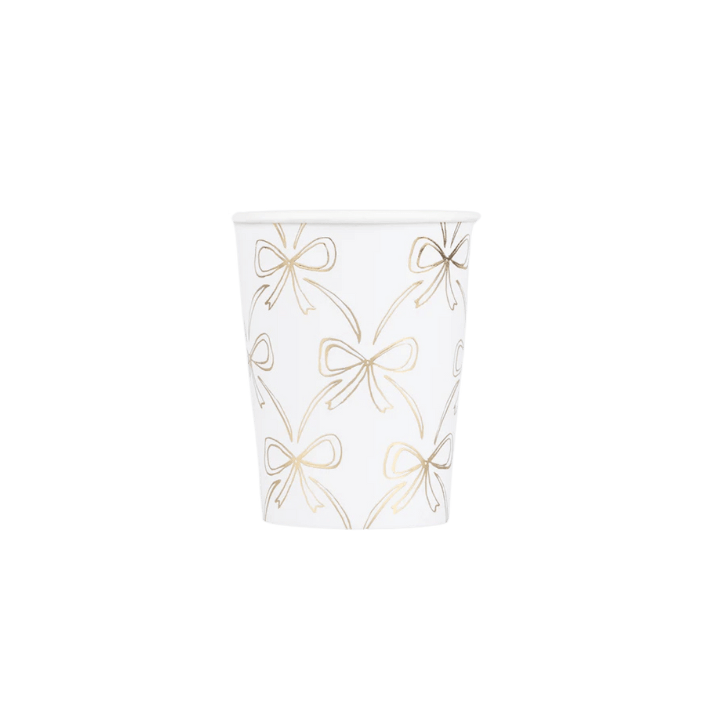 White and gold paper cup with bow design elegant party from Parte Haus party supply store in Bethesda MD