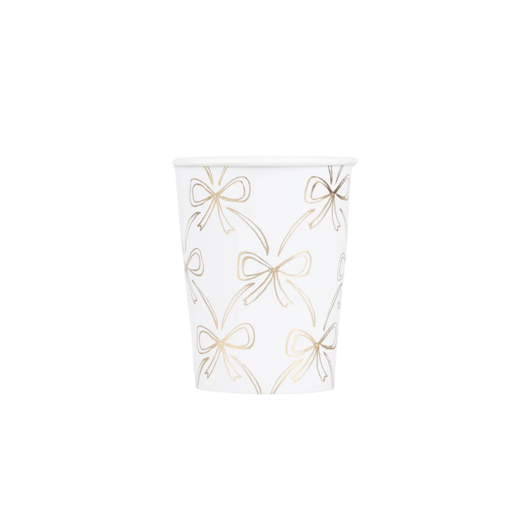 White and gold paper cup with bow design elegant party from Parte Haus party supply store in Bethesda MD