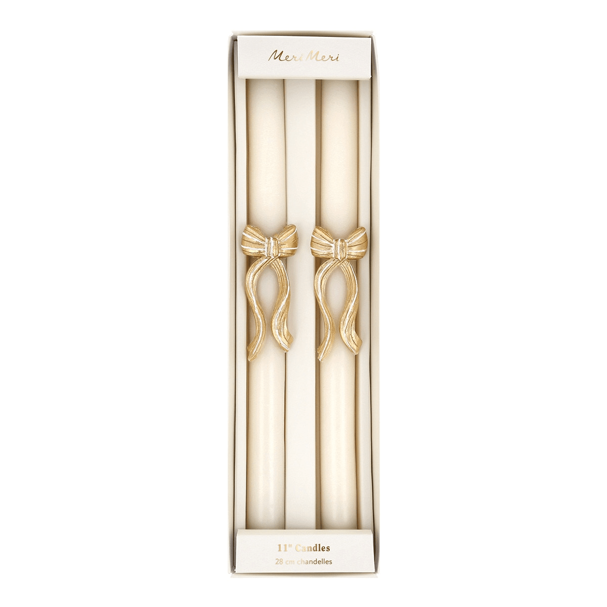 Ivory gold bow taper candles elegant boxed set for celebrations from Parte Haus party supply store in Bethesda MD
