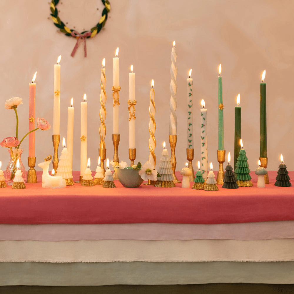 Gold white and green candle centerpiece Christmas decor from Parte Haus party supply store in Bethesda MD