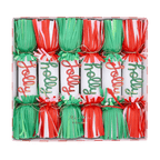 Red and green Christmas crackers with holly and jolly text festive holiday decor from Parte Haus party supply store in Bethesda MD