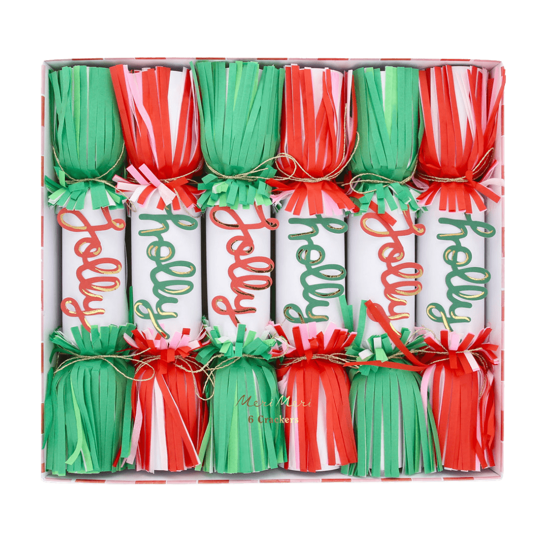 Red and green Christmas crackers with holly and jolly text festive holiday decor from Parte Haus party supply store in Bethesda MD