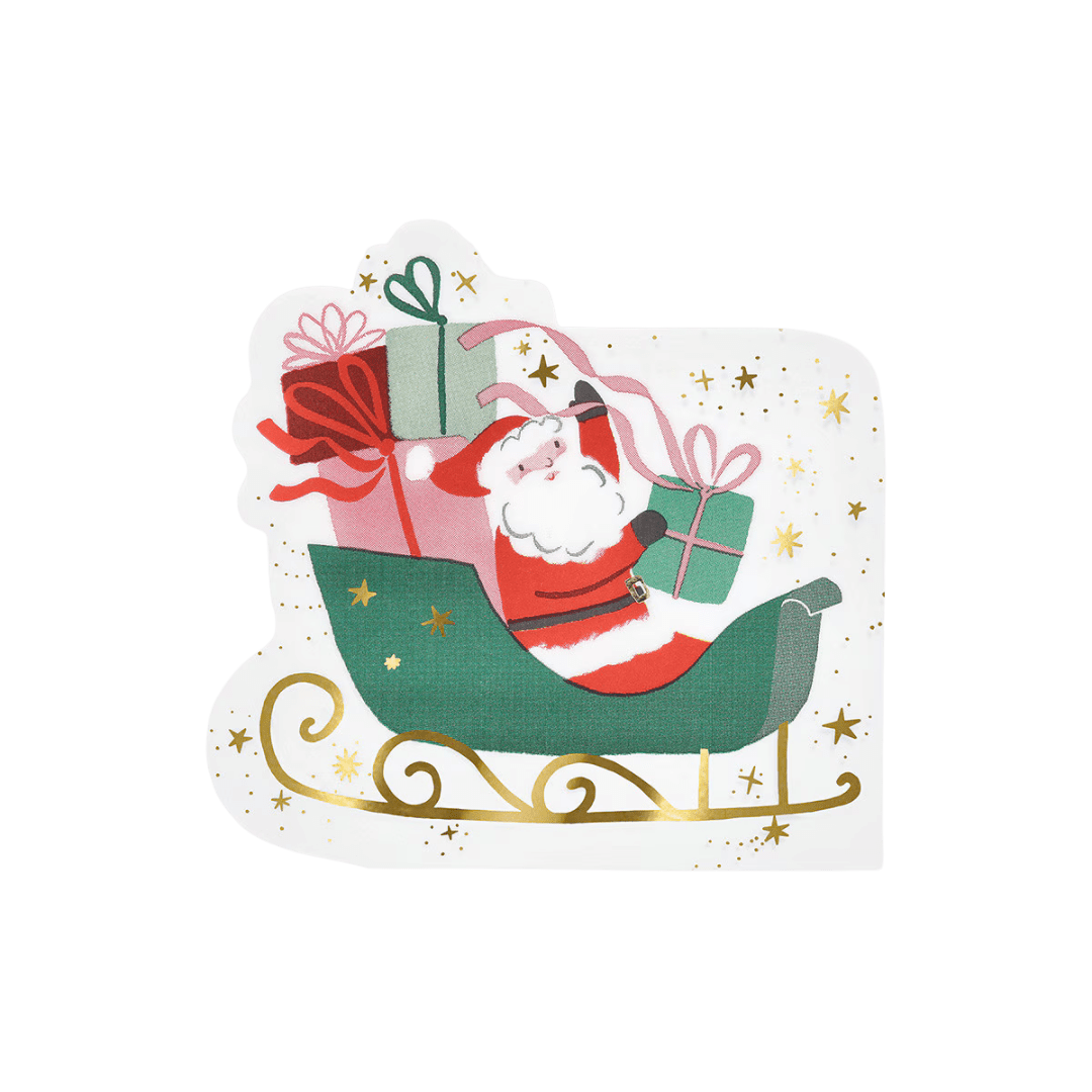 Green and red Santa napkin with gifts Christmas theme from Parte Haus party supply store in Bethesda Maryland