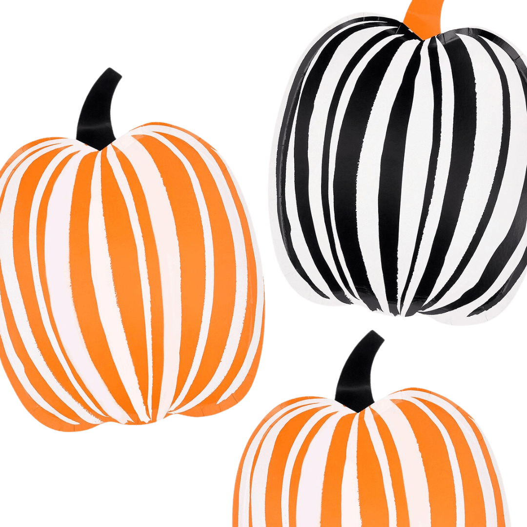 Orange and black striped pumpkin foil balloons Halloween decor from Parte Haus party supply store in Bethesda Maryland