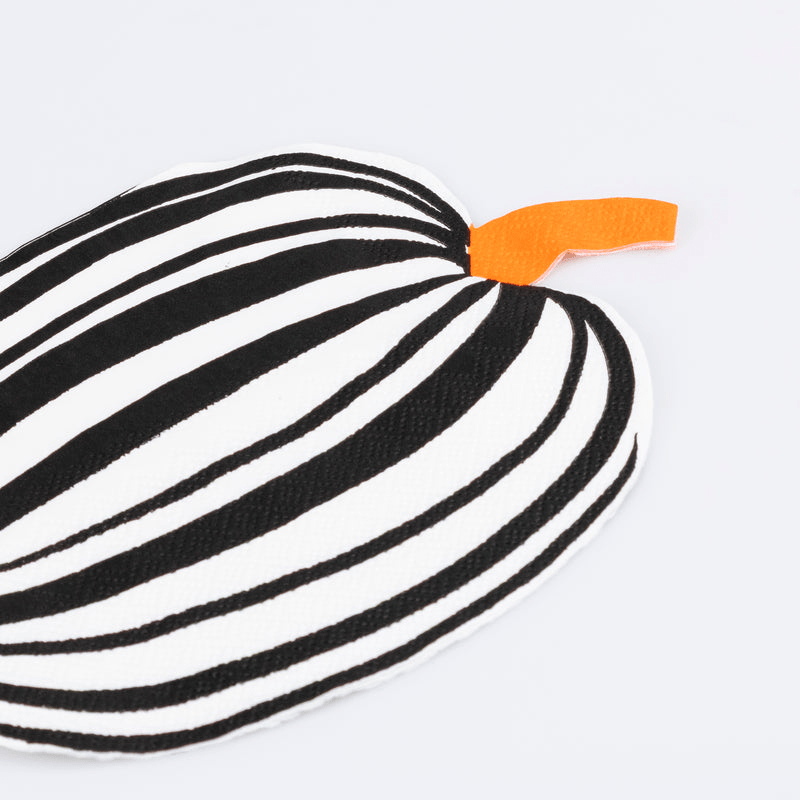 Black and white pumpkin shaped napkin with orange stem Halloween decor from Parte Haus party supply store in Bethesda MD