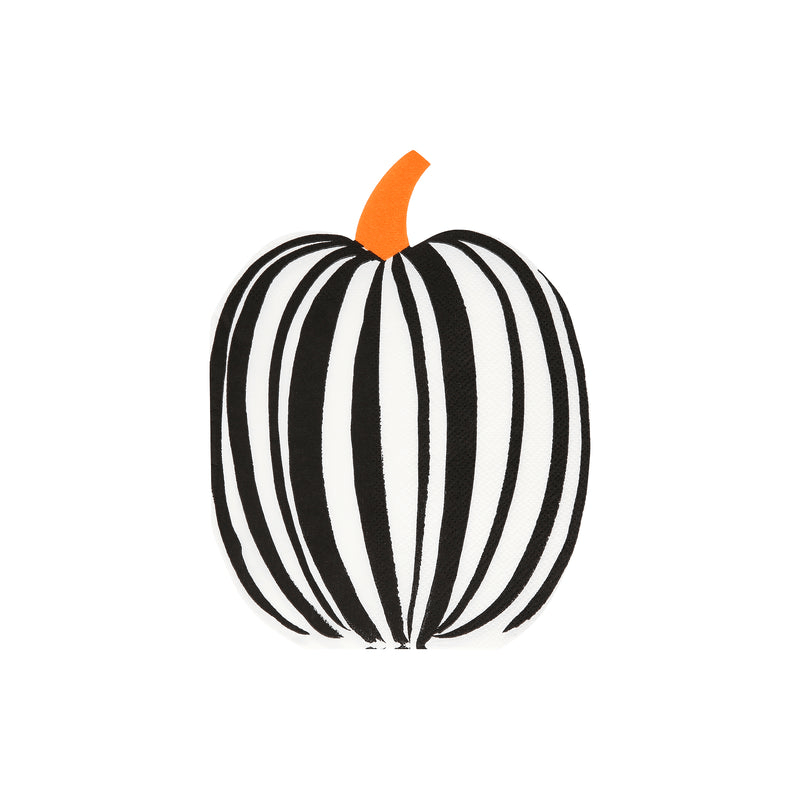 Black and white pumpkin shaped napkin with orange stem Halloween from Parte Haus party supply store in Bethesda Maryland