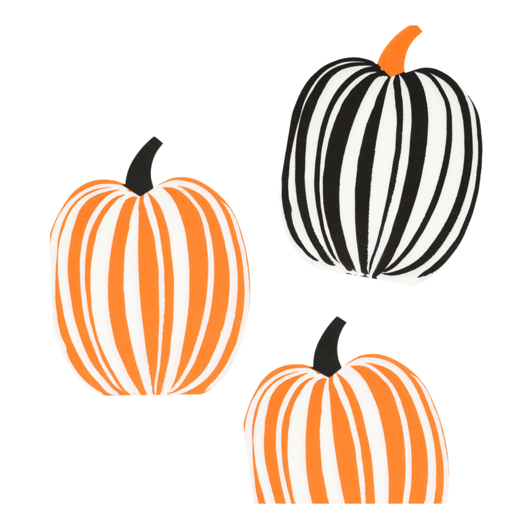 Orange and black striped pumpkin shaped decor Halloween theme from Parte Haus party supply store in Bethesda Maryland