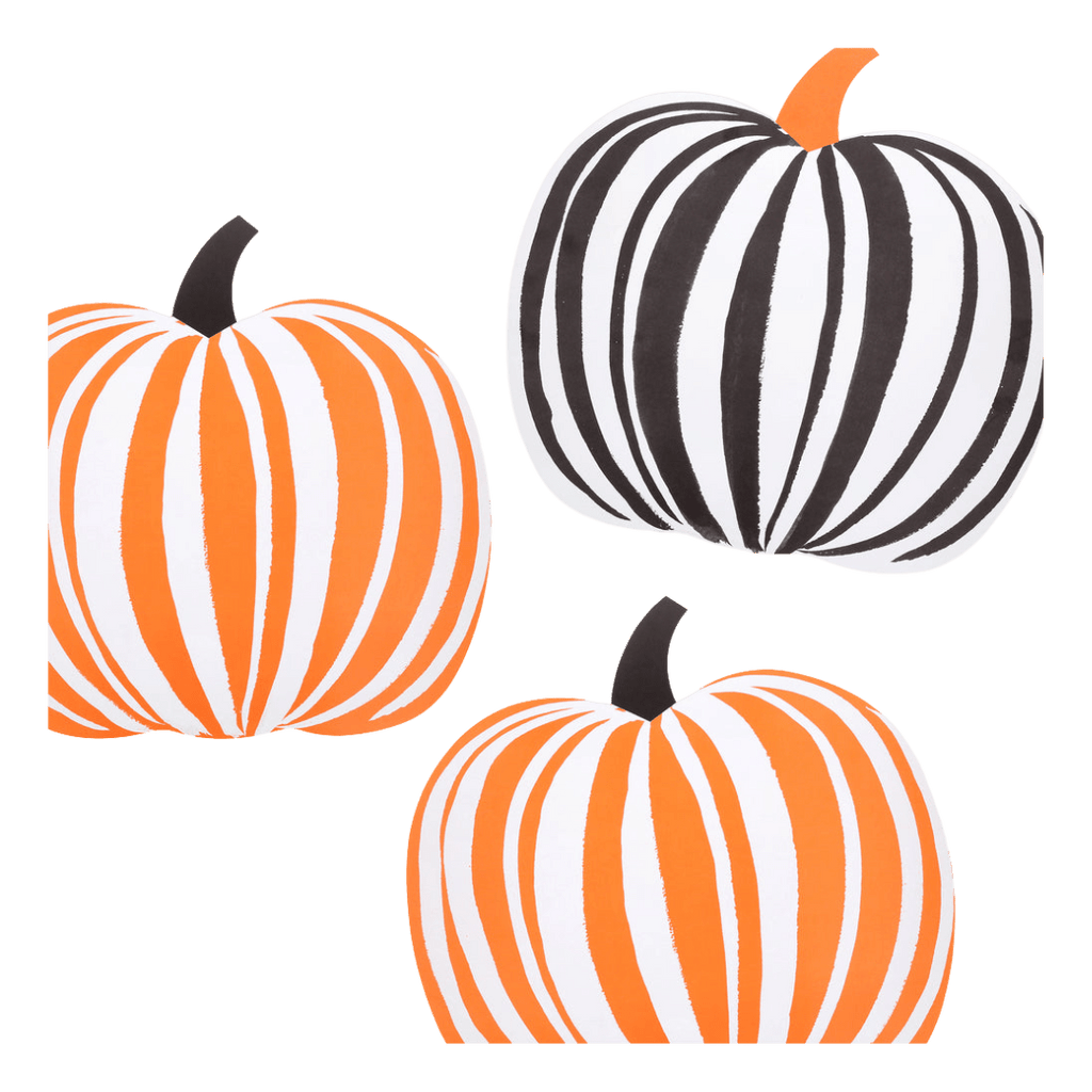 Orange and black striped pumpkin shaped plates Halloween theme from Parte Haus party supply store in Bethesda MD