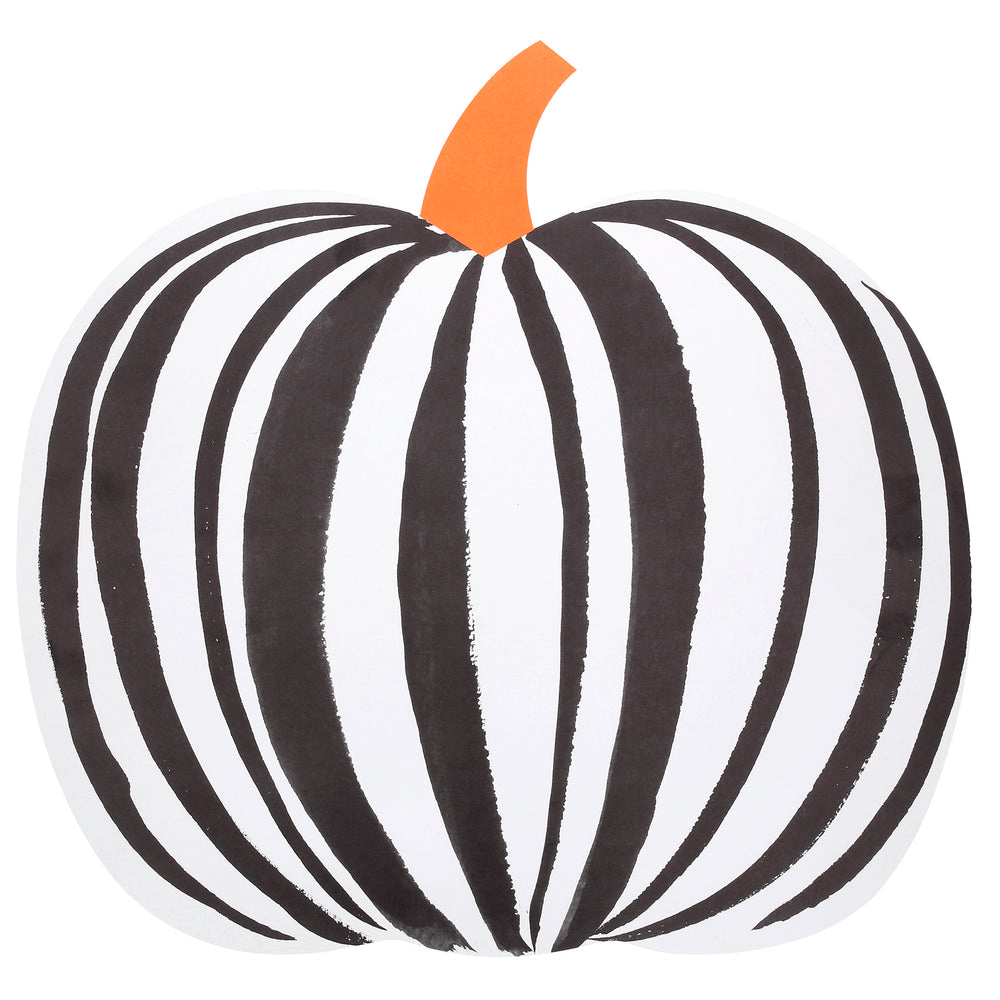 Black and white pumpkin shaped plate with orange stem for Halloween from Parte Haus party supply store in Bethesda Maryland